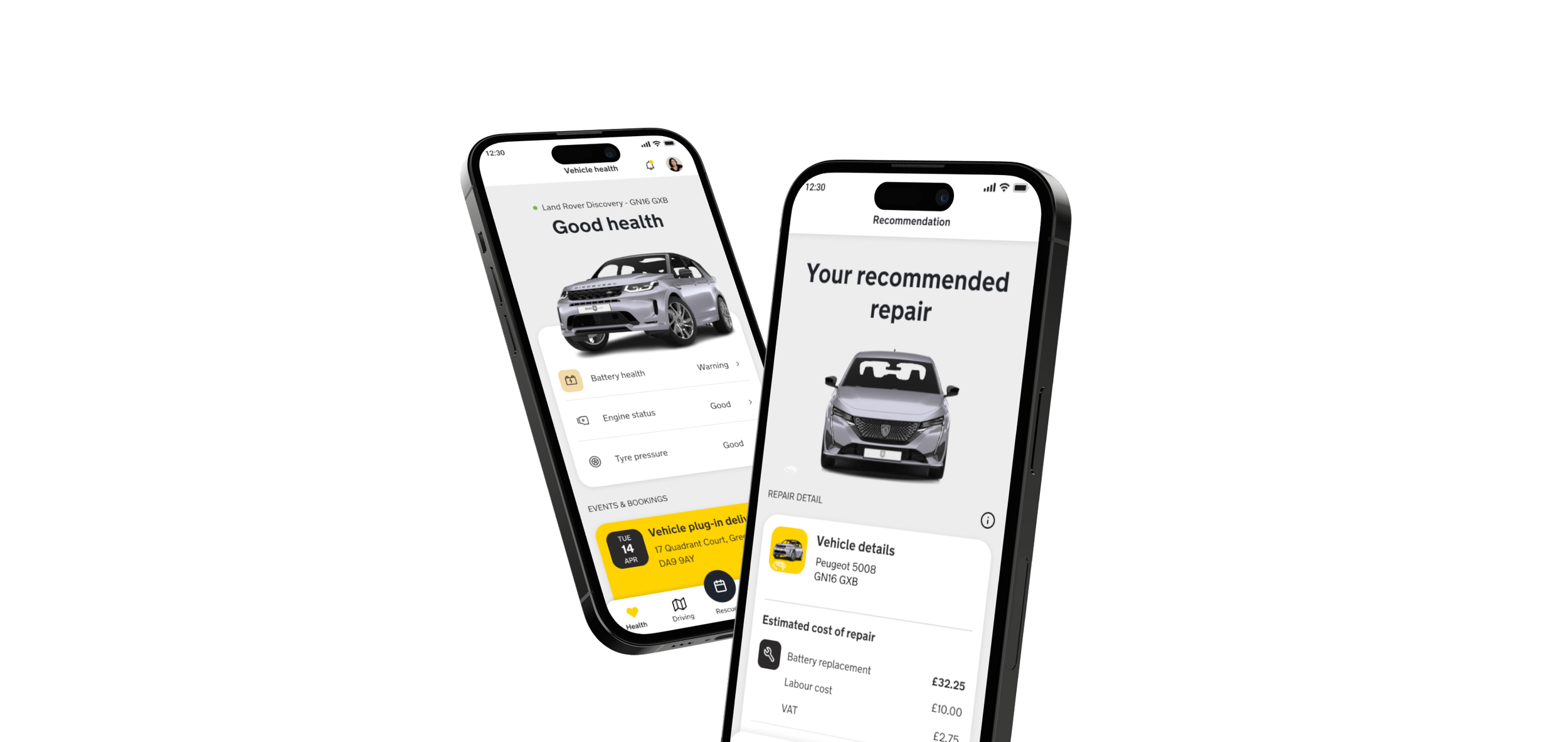 Vehicle health and recommended repair screens from the AA app
